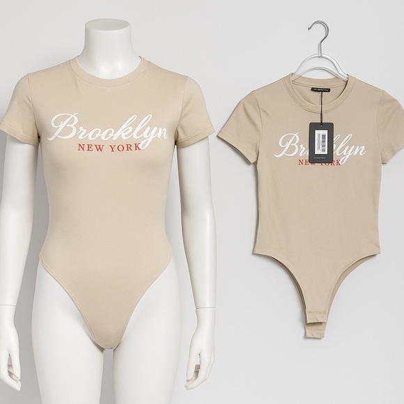 Sand Vintage Wash Brooklyn Print Short Sleeve Bodysuit - Picture 1 of 4